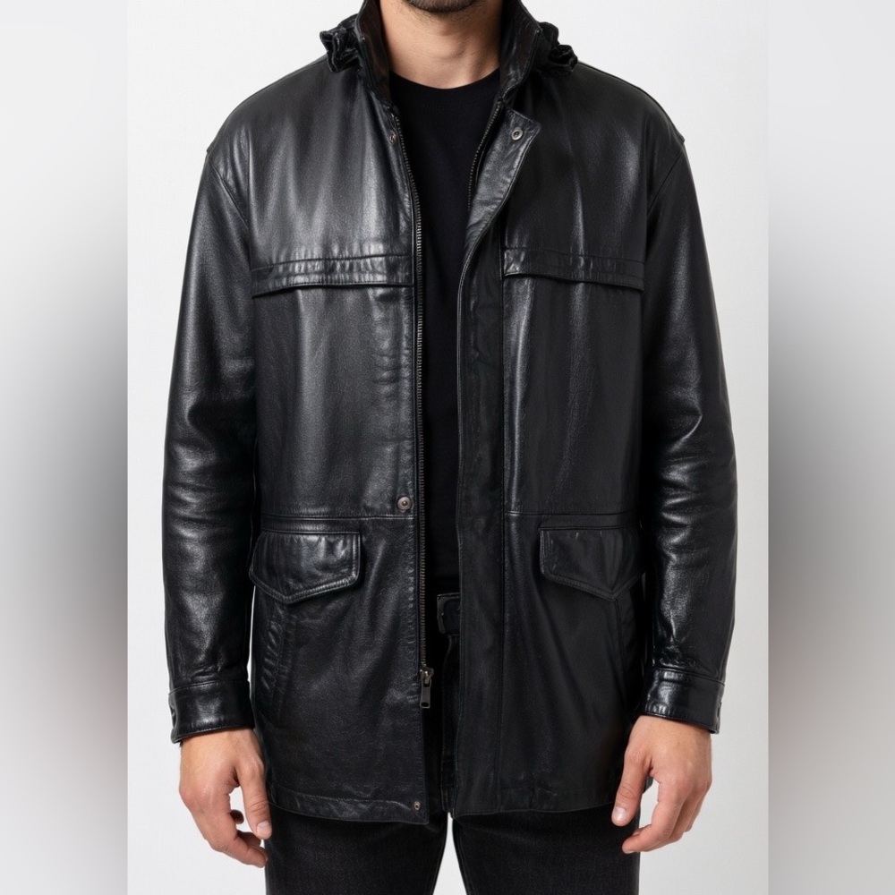 Vintage Wilson Leather Mens Black Leather Hooded Coat size 2x